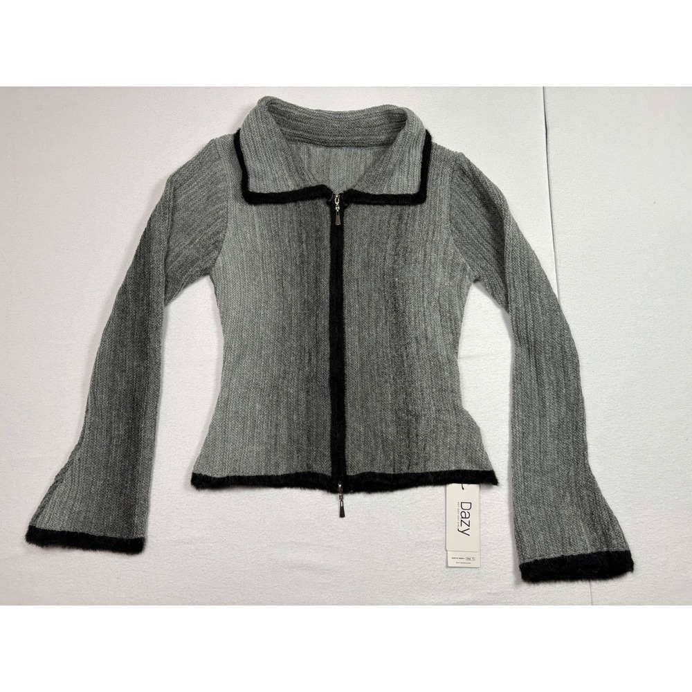 Dazy Gray Ribbed Knit Full Zip Cardigan Sweater Faux Fur Trim Women XL NEW